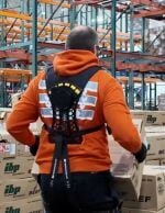 Plymouth distribution center workers wearing the HeroWear Apex 2 exosuit during warehouse operations